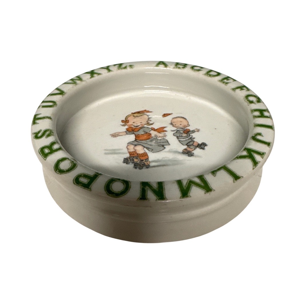 Vintage Ceramic Child Alphabet Bowl Roller Skating Children Nursery Dish‎ Green